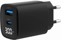 30 W GaN Fast Charger with USB‑C and USB‑A, LCD Display, Black