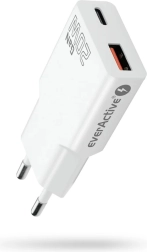 Tinklo įkroviklis everActive GaN Super Slim 20 W su USB‑C PD ir USB‑A QC 3.0