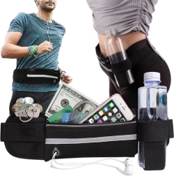 Bėgimo rankinė su butelio laikikliu, atšvaitine juosta ir ausinių pravedimu – juoda