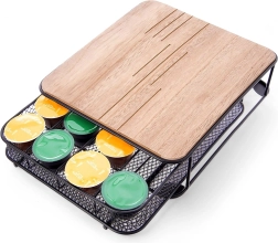 Kavos kapsulių organizatorius, juodas metalinis su medine viršutine lentele