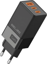 Juodas GaN 65W įkroviklis su 2x USB-C ir USB-A