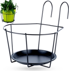 Juodas metalinis balkono gėlių vazonų laikiklis