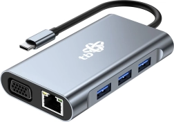 USB‑C šakotuvas 8‑in‑1 su HDMI, VGA, RJ45 ir PD maitinimu