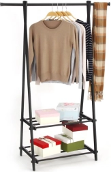Metalinė drabužių kabykla su 2 lentynomis, juoda MODERNHOME