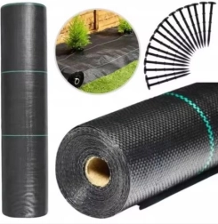 Juoda agrotekstilė 160 cm x 50 m UV 90 g su inkarais