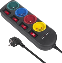 Socket splitter with switches, 4 sockets + 2xUSB, black