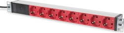 Maitinimo juosta 19″ rack'ui DIGITUS, 8× raudonos schuko rozetės, C14 įvadas, 2 m kabelis, 10 A, aliuminis