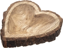 Mango wood tray with heart motif, bark finish, 22 × 22 × 3 cm