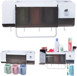 Sieninis dantų šepetėlių organizatorius su pastos dozatoriumi ir 3 puodeliais, baltas