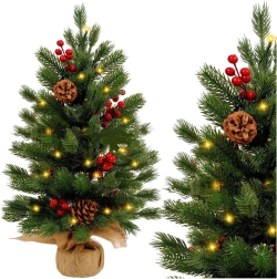 Stalinis dirbtinis kalėdinis medelis su raudonomis uogomis ir LED švieselėmis 60 × 20 cm