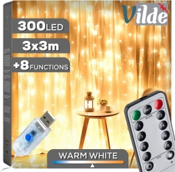 Šviesos užuolaida su nuotolinio valdymo pulteliu 300 LED 3 × 3 m, šiltai balta