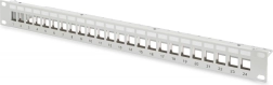 Modulinis 19" 24 prievadų krosavimo (patch) skydelis keystone moduliams, 1U, ekranuotas, su kabelių vedimu ir žymėjimo laukeliais, pilkas
