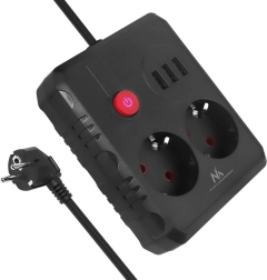 Surge-protected extension strip with 2 outlets and 3× USB, 2500 W, 3 m, black