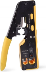 Crimping pliers for pass-through connectors RJ45 Cat. 5e/6, RJ12 and RJ11 with cutting and stripping