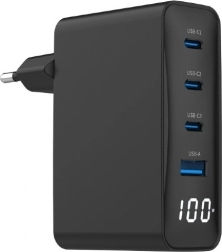 Universali GaN įkroviklis 100 W 1x USB-A 3x USB-C greitasis įkrovimas LCD juodas