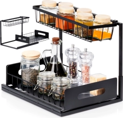 Dviaukštė virtuvinė lentynėlė su ištraukiamu stalčiuku, metalinė, juoda 36 × 27 × 28,5 cm