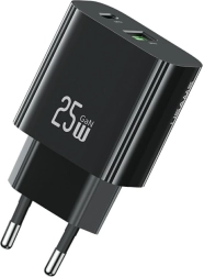 Tinklo įkroviklis 25 W su 1× USB‑C ir 1× USB‑A, greitas įkrovimas, juodas