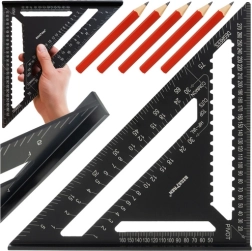 Dailidžių kampainis 30 × 30 cm BIGSTREN su 90° ir 45° matuokle + 5 pieštukai