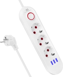 Prailgintuvas su apsauga nuo viršįtampių, 3 lizdai ir 3× USB, baltas