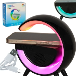 RGB LED lempa su belaidžiu įkrovikliu ir garsiakalbiu, juoda