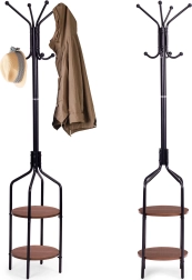 Pastatoma drabužių kabykla su lentynomis, 8 kabliukai, 180 cm, juoda, ModernHome