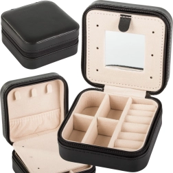 Kelioninė papuošalų dėžutė su skirtukais ir veidrodėliu, juoda, 10 × 10 × 5 cm