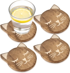 Medinės padėkliukų rinkinys iš mango medienos katės formos 10 × 11 cm, 4 vnt.