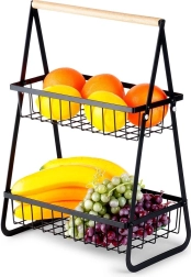 Two-tier metal fruit basket, black with wooden handle