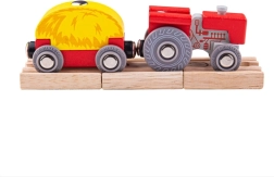 Bigjigs Rail raudonas traktorius su platforminiu vagonėliu