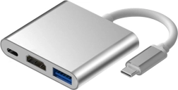 Aliumininis USB‑C 3 viename šakotuvas su HDMI 4K, USB 3.1 ir USB‑C maitinimu – sidabrinis