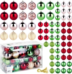 Nedūžtantys kalėdiniai eglutės papuošimai 68 vnt., raudoni, rožiniai, auksiniai ir žali, 8 ir 5 cm