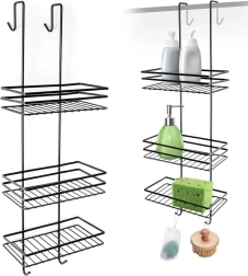 Pakabinama juoda metalinė dušo lentyna, trijų lygių