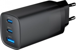 Juodas 65 W GaN USB įkroviklis su 1x USB-A ir 2x USB-C jungtimis