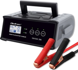Išmanus impulsinis 12/24 V 25 A automobilio akumuliatorių įkroviklis su LCD ir atstatymo funkcija – Qoltec