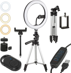 LED žiedinė lempa 10" su stovu ir nuotolinio valdymo pulteliu