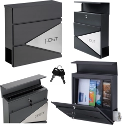 Didelė antracito spalvos pašto dėžutė laiškams ir laikraščiams su užrašu POST, A4 formatas