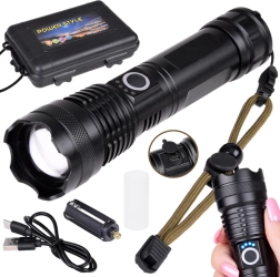 Galingas LED žibintuvėlis su USB įkrovimu, atsparus vandeniui, su priartinimu