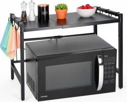 Reguliuojama virtuvinė lentyna virš mikrobangų krosnelės su kabliukais, metalinė