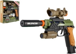 Plastikinis žaislinis pistoletas su šviesa ir garsu, veikiantis su baterijomis, su priedais