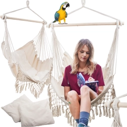 Braziliška pakabinama supamoji kėdė su pagalvėlėmis, boho, smėlio spalvos