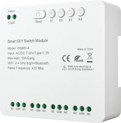 Išmanus 4 kanalų perjungimo modulis DIY AVATTO 7–32 V su Wi‑Fi, Bluetooth ir RF 433 MHz