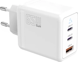 Tinklo įkroviklis 2× USB‑C + USB‑A su „Power Delivery“, baltas, GaN 65 W
