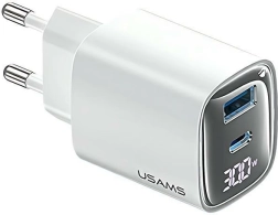 30 W GaN tinklo įkroviklis su LED ekranu, USB + USB‑C, baltas