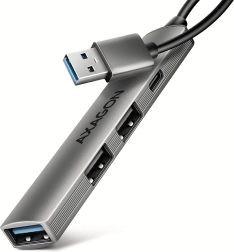 Axagon hue-sta aliumininis USB šakotuvas 4× prievadai (1× USB‑A 5 Gbps, 2× USB‑A 2.0, 1× USB‑C 2.0) su 12 cm kabeliu