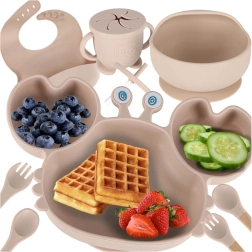 Silikoninis vaikų valgymo rinkinys Krabas, 9 dalys, smėlio spalvos
