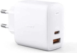 Balta tinklo įkroviklis Aukey Omnia GaN 2xUSB Power Delivery (1xUSB A+1xUSB C) 65W 5.4A