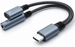 USB-C adapteris 2-i-1 su 3,5 mm lizdu ir PD 15 W – 10 cm