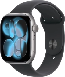 Apple Watch Series 11 GPS 46 mm aliuminio korpusas žvaigždžių pilkos spalvos su juodu sportiniu dirželiu S/M