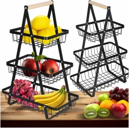 Trijų aukštų metalinis vaisių krepšys su medine rankena, juodas