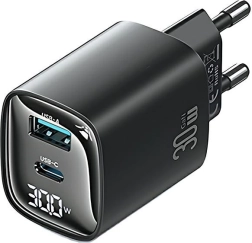Tinklo įkroviklis 30 W GaN su LED ekranu USB + USB‑C USAMS CC229, juodas